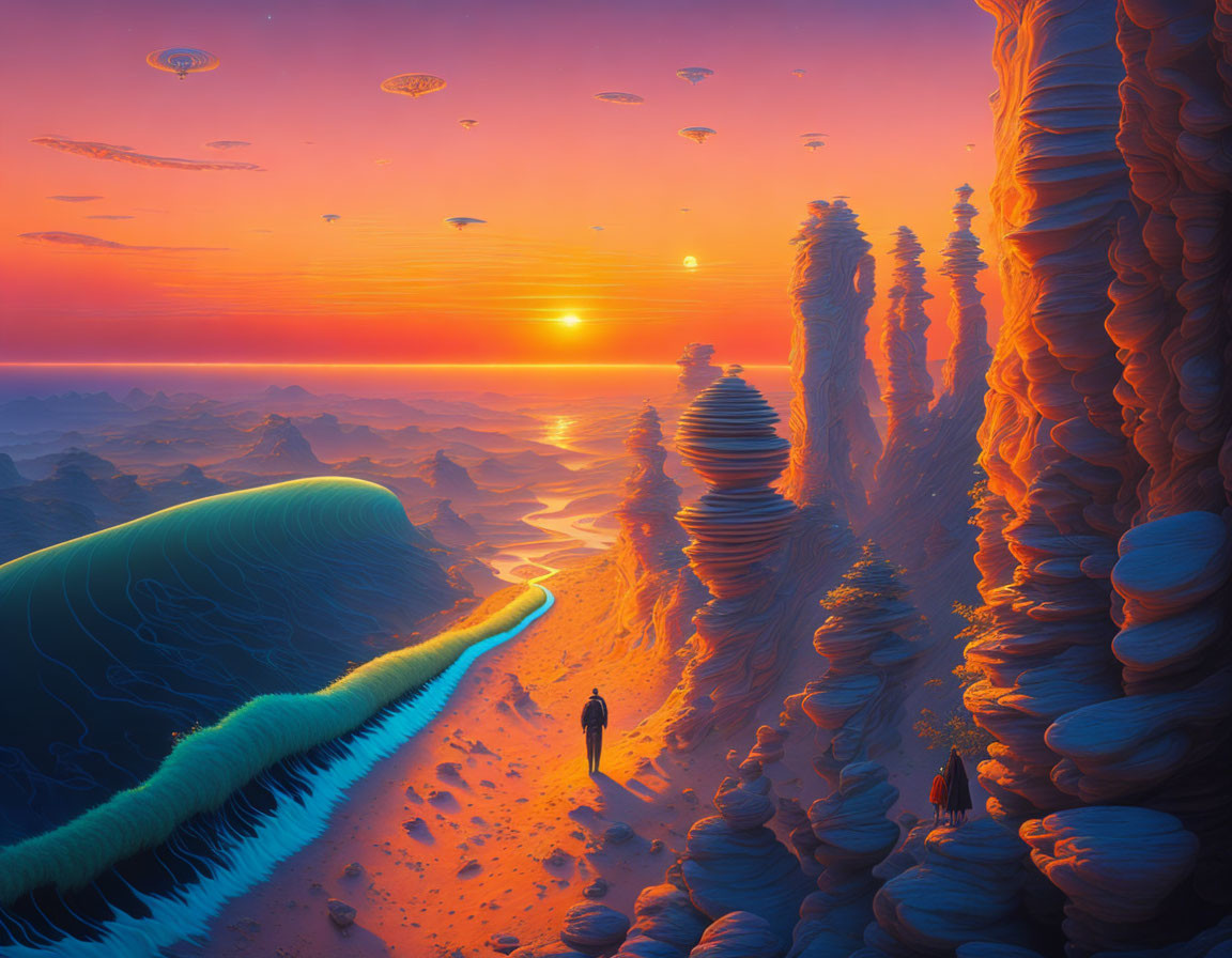 Surreal sunset landscape with alien rock formations and golden orbs