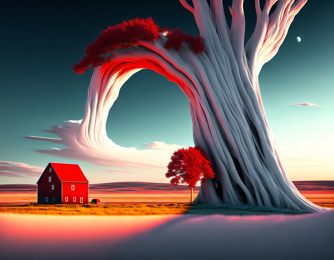 Surreal landscape with massive white tree and red leaves over small red house under twilight sky.