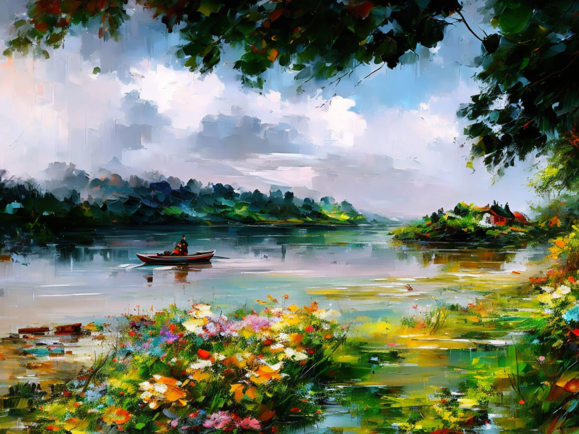 Serene river painting with boat, greenery, wildflowers, and distant dwelling