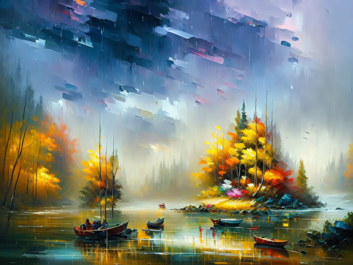 Serene lake with boats, autumn trees, and dynamic sky