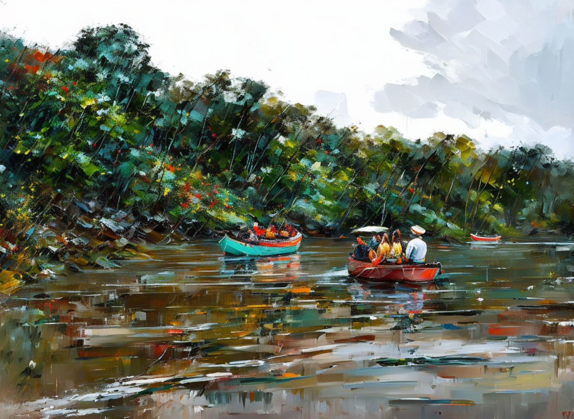 Tranquil river scene with small boats and lush greenery