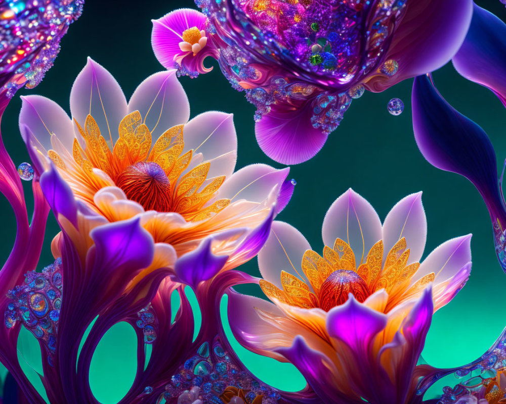 Colorful digital artwork: Psychedelic lotus flowers in purple, orange, and blue on teal