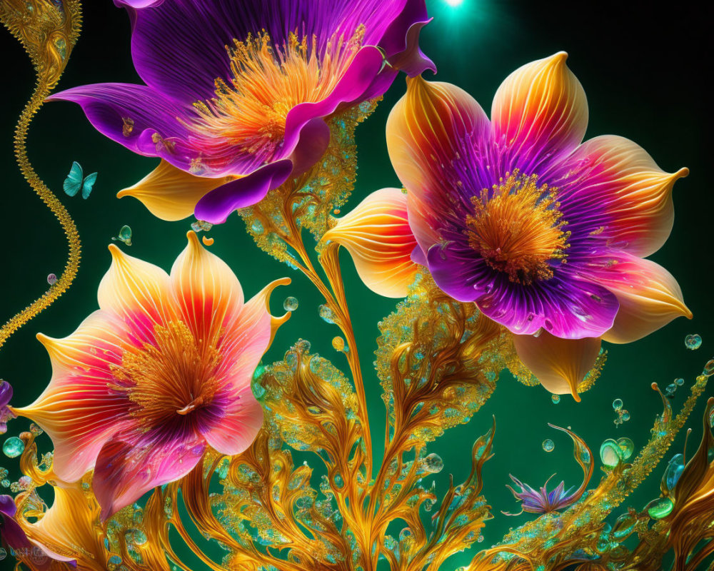 Stylized digital art: Radiant pink and yellow flowers on dark background