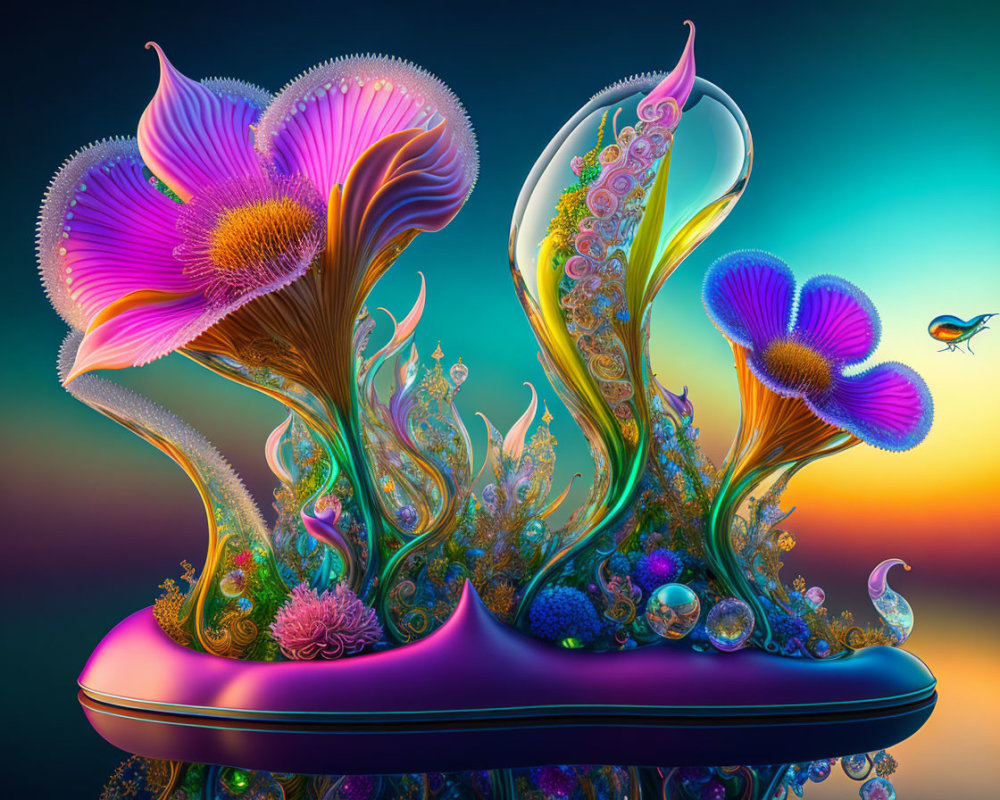 Vibrant digital artwork of stylized flowers on gradient background