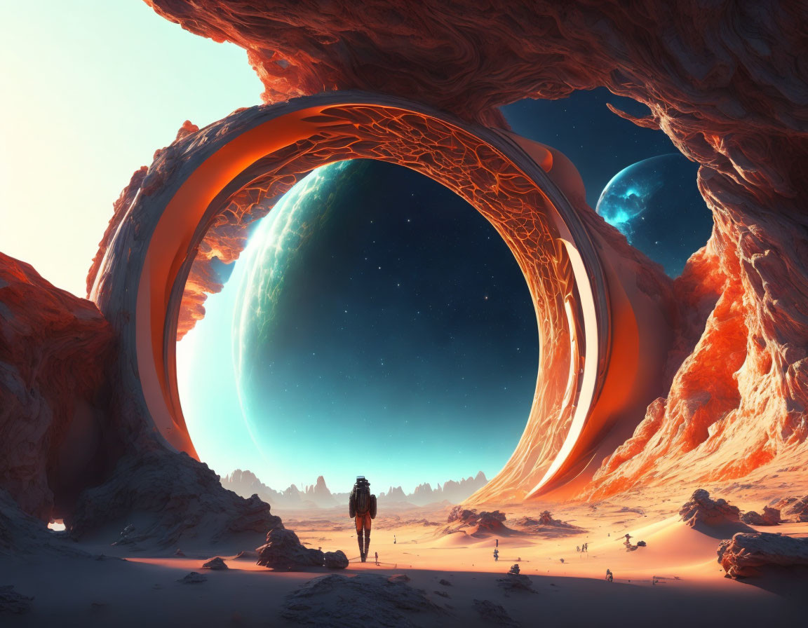 Astronaut standing before glowing portal on alien landscape