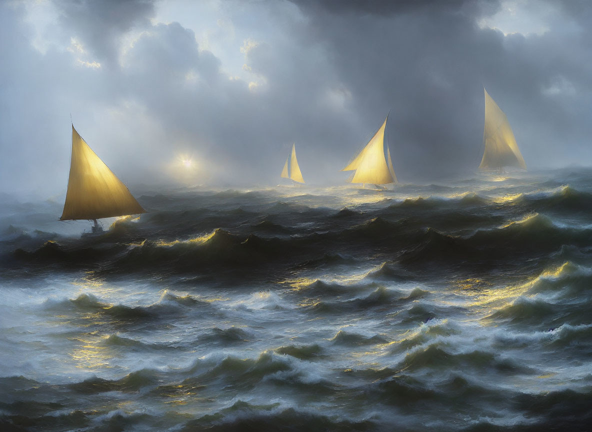 Glowing sailboats on stormy ocean with sunlight piercing clouds