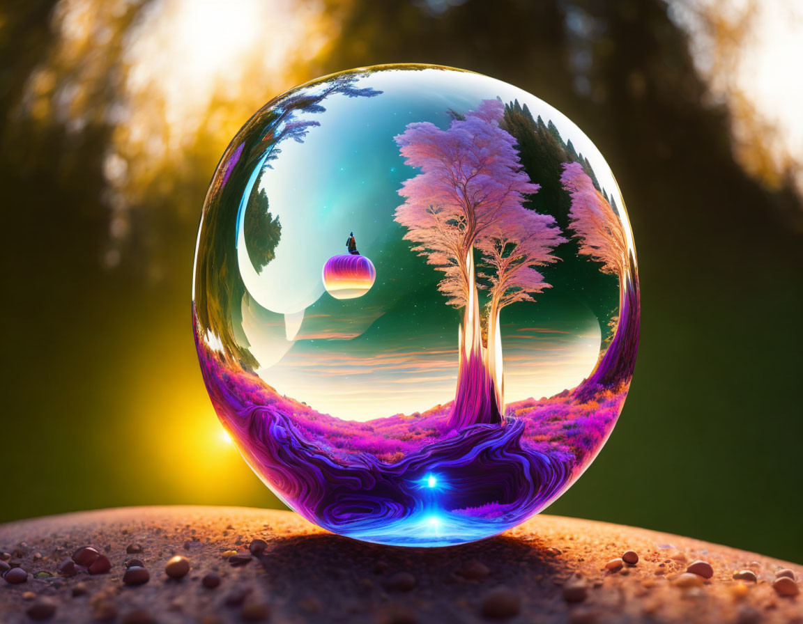 Translucent sphere reflecting vivid landscape with trees and sunset sky