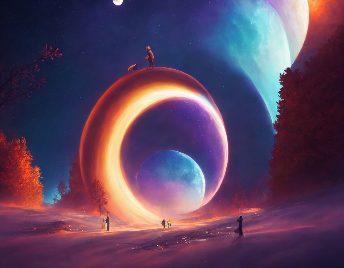 Surreal twilight landscape with glowing celestial rings, vibrant trees, and large moon