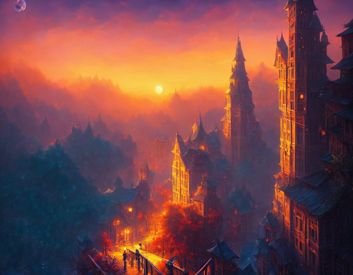 Fantasy cityscape at sunset with illuminated buildings and vibrant sky