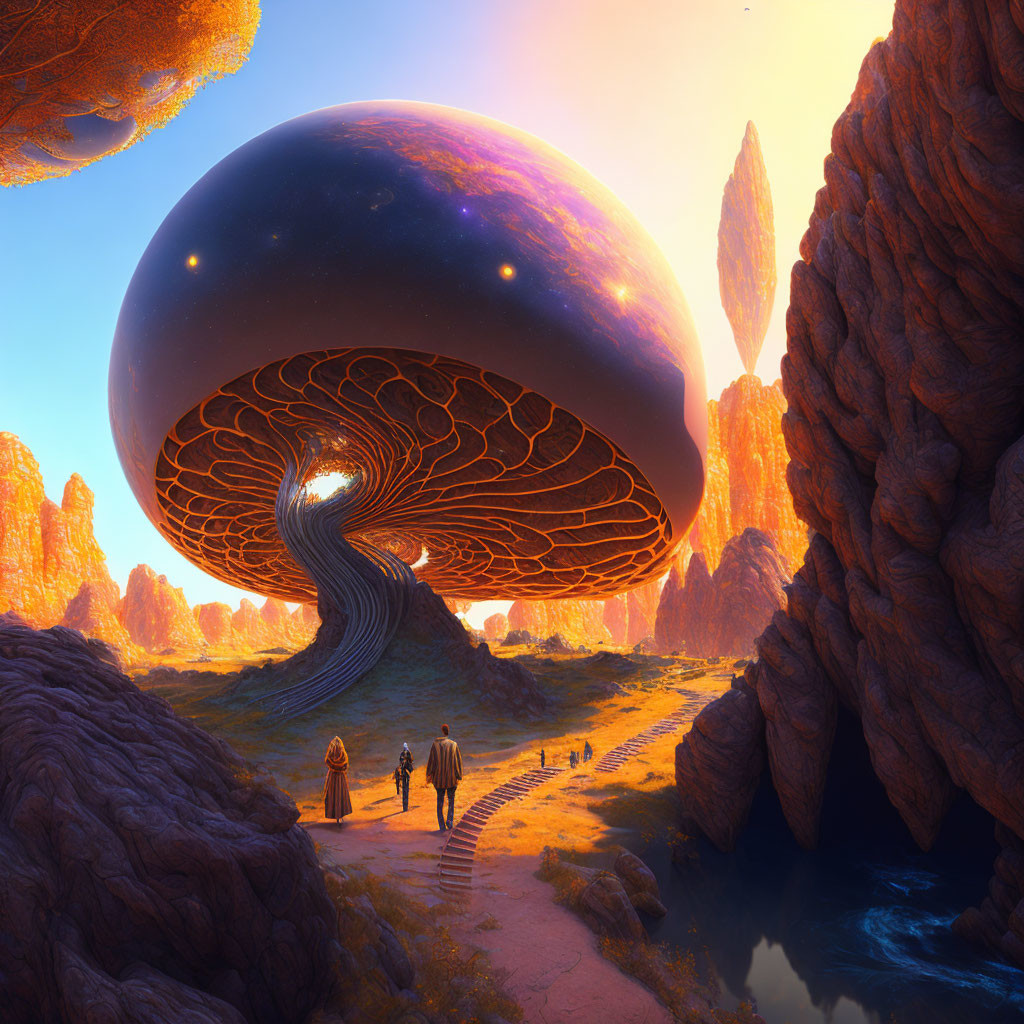 Fantastical landscape with figures near giant mushroom structure amid orange rock formations under vibrant sky.