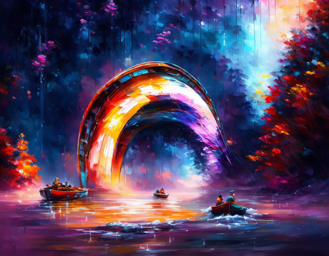 Vibrant painting of boats on reflective water with circular portal in autumn forest