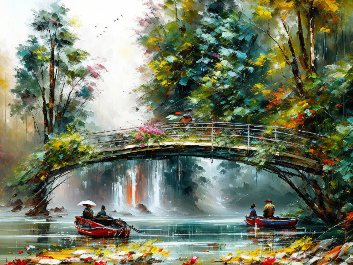 Scenic painting: lush forest, waterfall, stone bridge, boats, figure with red umbrella