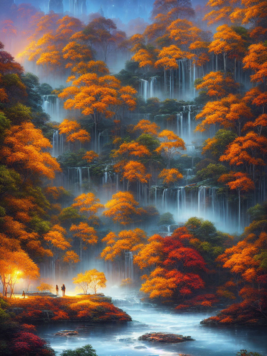 Tranquil waterfall scene with autumn trees and observers