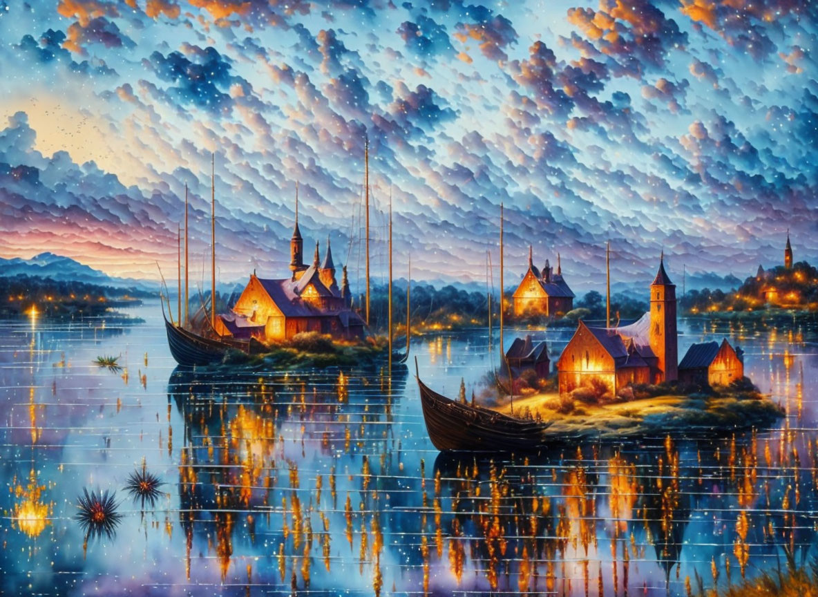 Fantastical lakeside village painting at twilight