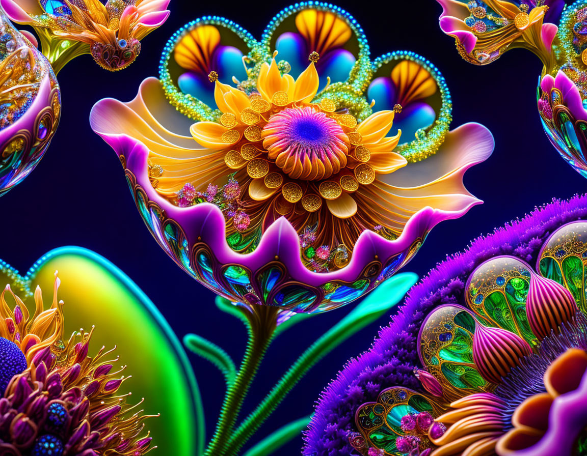 Colorful Fractal Art: Psychedelic Floral Patterns on Dark Background