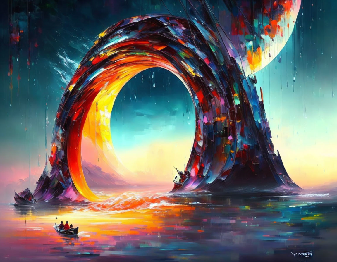 Colorful digital painting: Large wave over boat with figures on shimmering sea at sunset