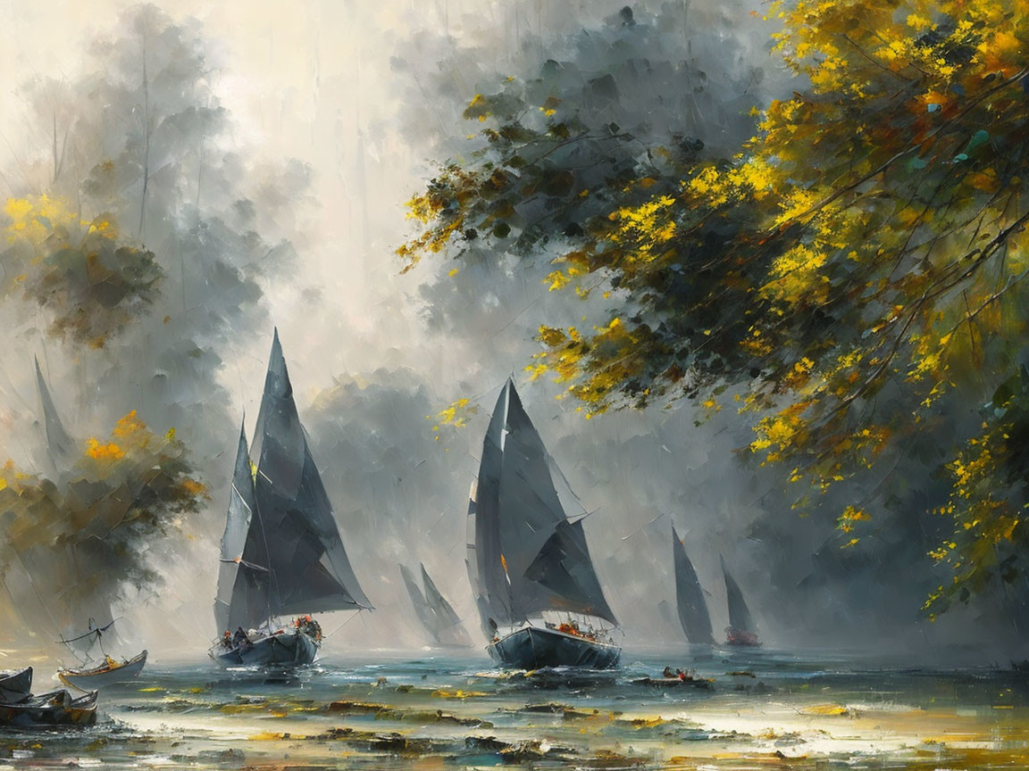 Misty river scene with sailboats and lush trees