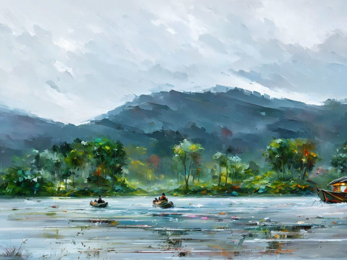 Impressionistic painting: Boats on tranquil river, greenery, misty mountains