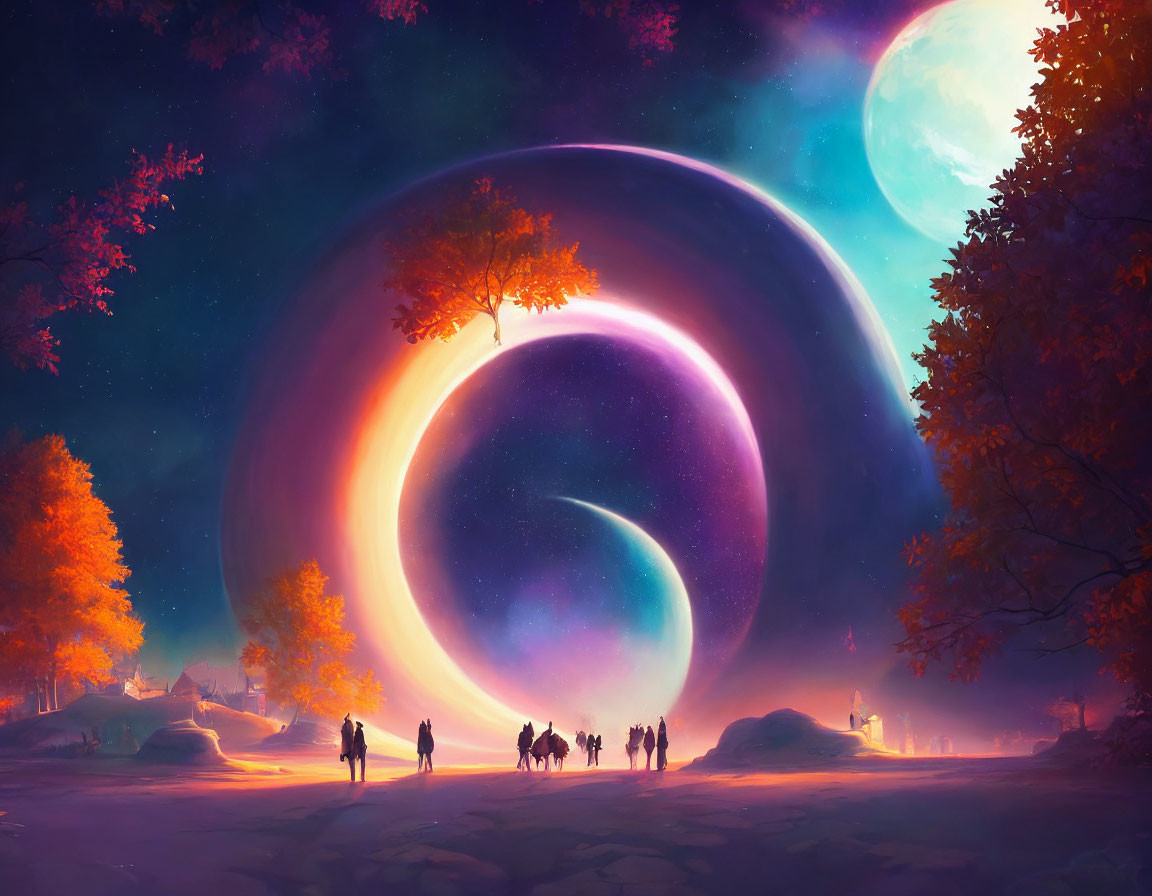 Fantastical twilight landscape with people, carriage, celestial ring, and planets.