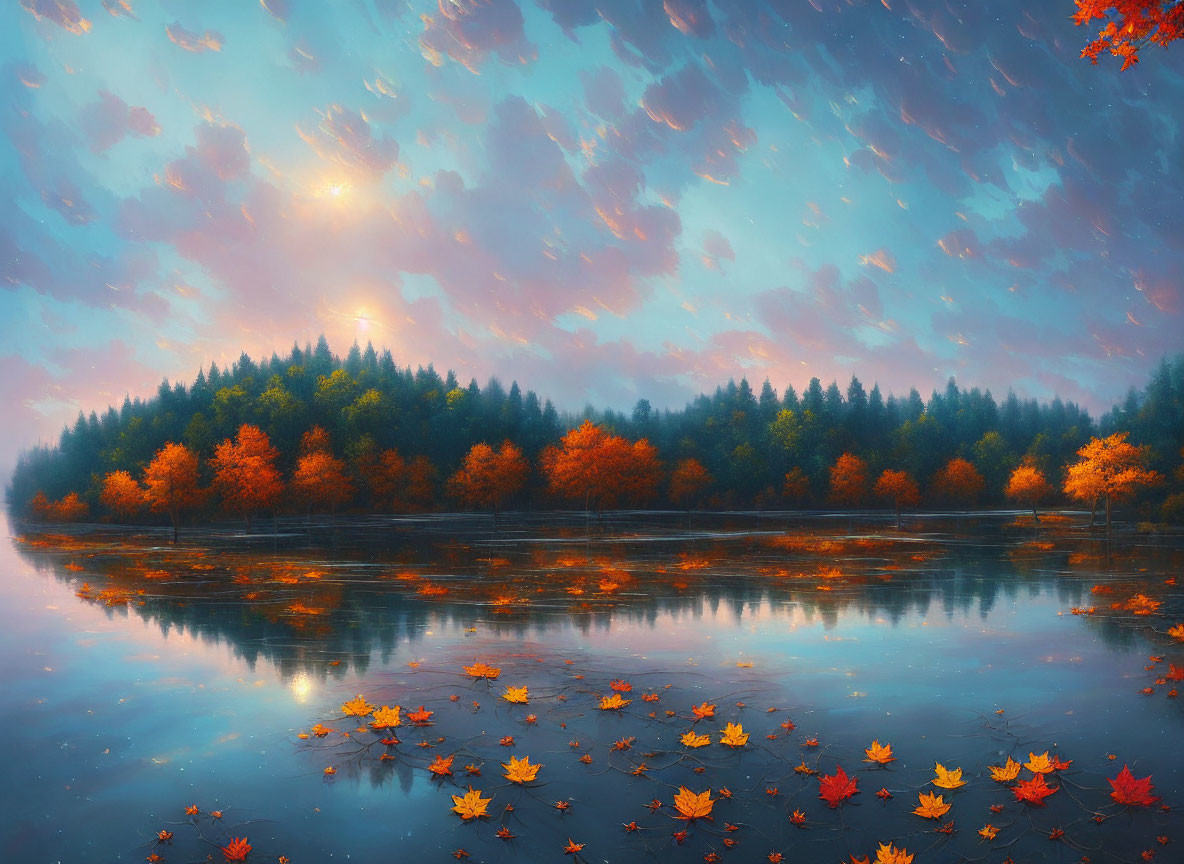 Tranquil autumn landscape with colorful foliage and serene lake