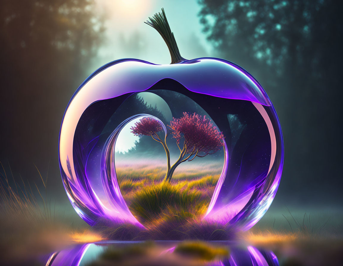 Surreal illustration: glossy apple with landscape inside forest