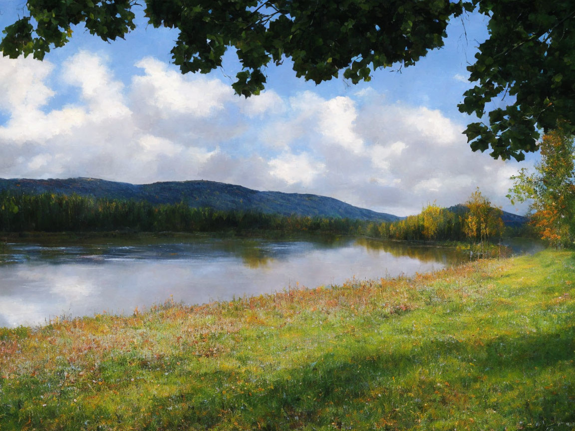 Tranquil landscape painting of serene river and autumn foliage