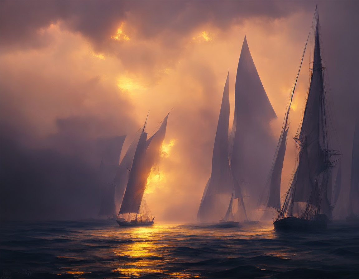 Sailboats in misty waters under golden light and dramatic clouds.