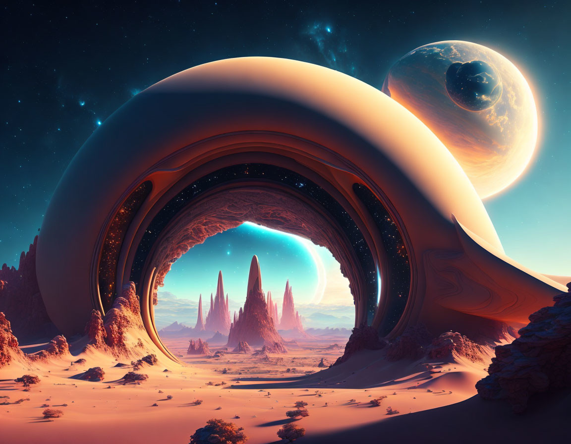 Futuristic landscape with swirling structure in alien desert scene