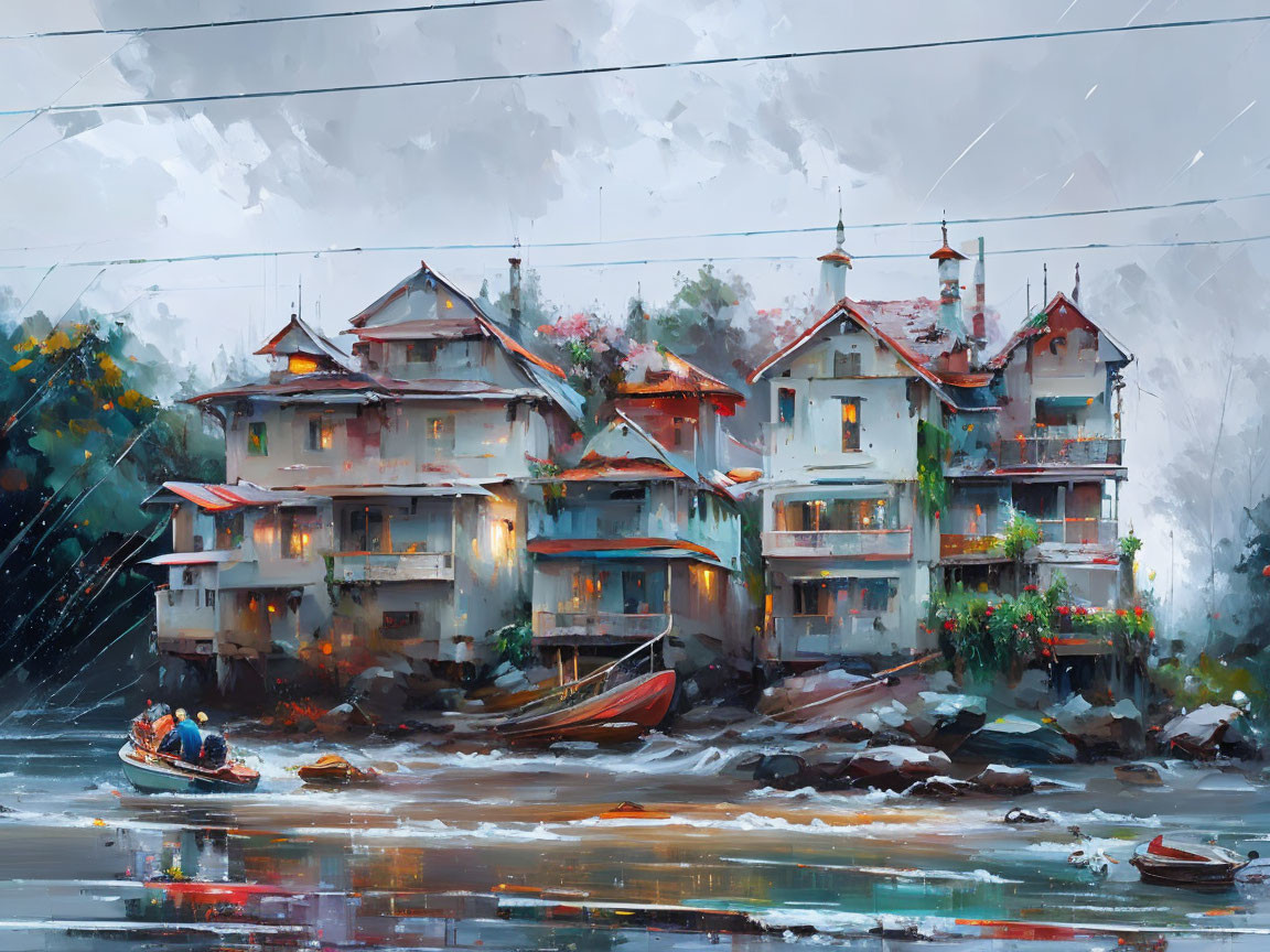 Coastal houses on stilts with boats under grey, rainy sky