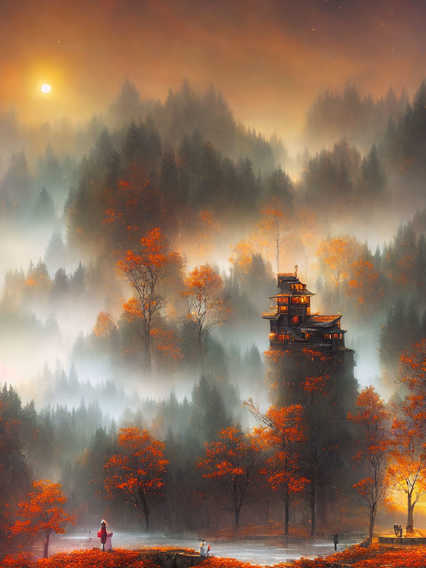 Tranquil autumn landscape with pagoda, misty woods, sunset, person in red by lake