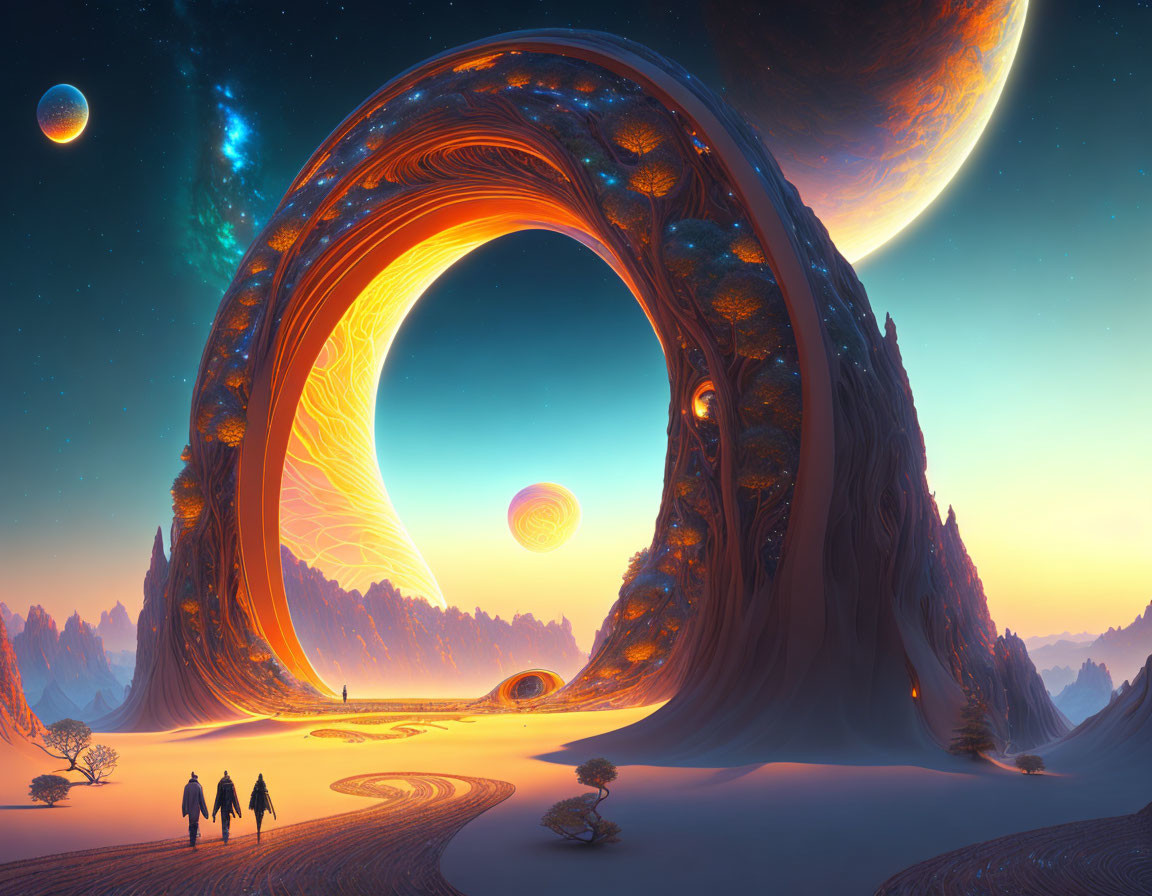 Ornate archway in fantastical landscape with alien planets, people walking, and desert path