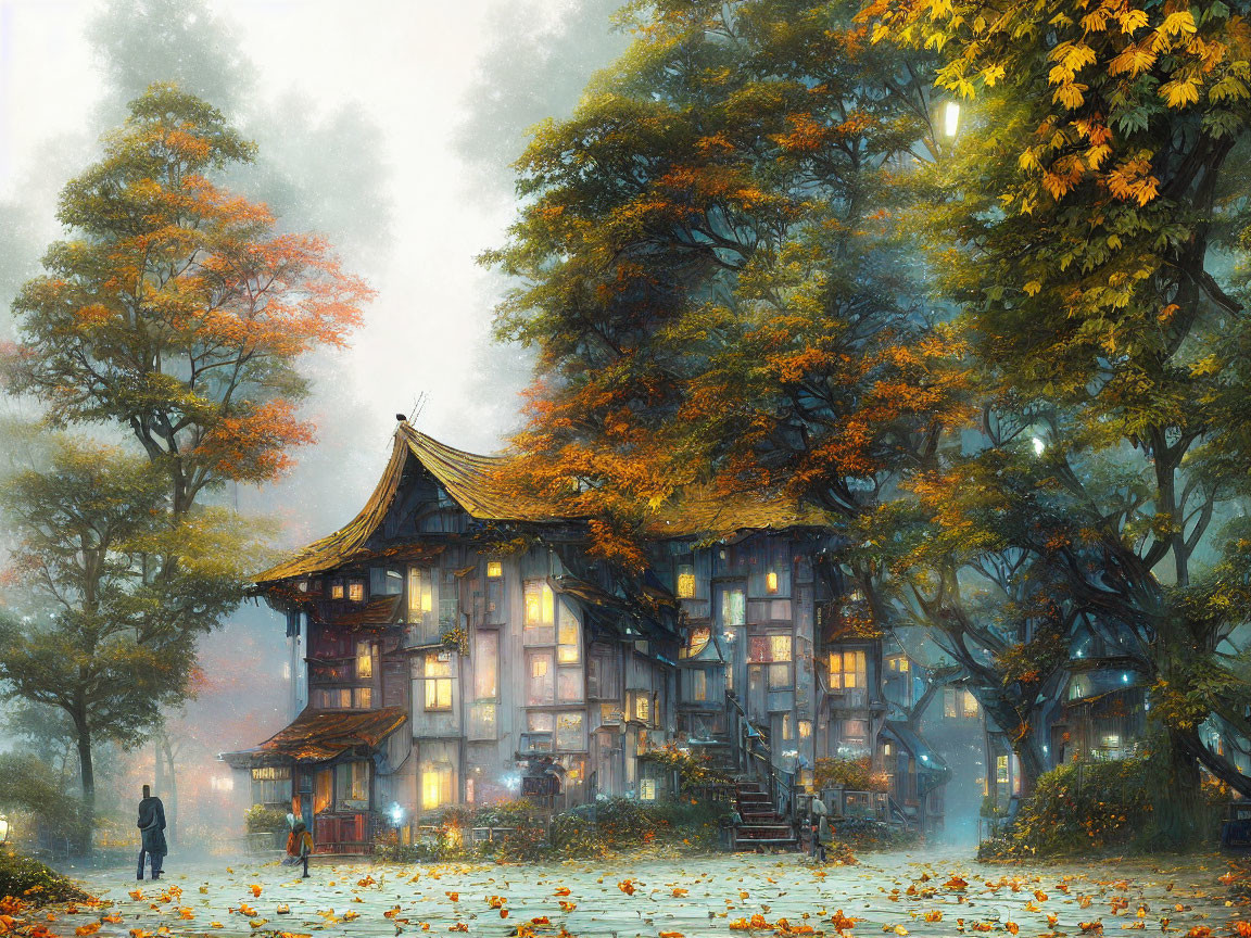 Multi-storied building in autumn forest with mist and figures