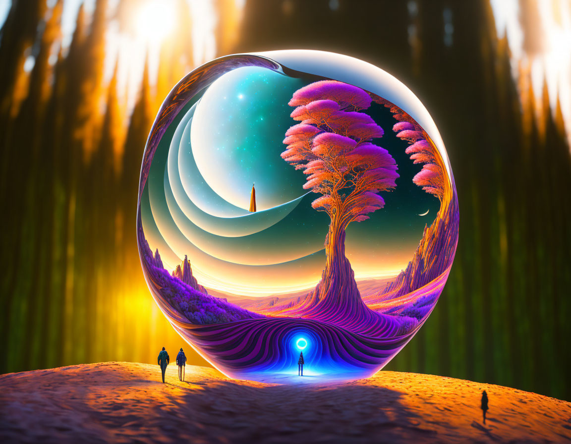 Surreal landscape with figures and iridescent bubble in cosmic scenery