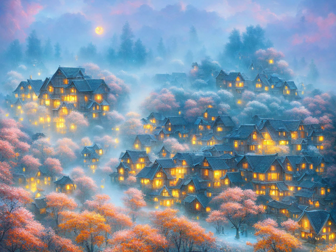 Enchanting village with illuminated houses and blossoming trees at twilight