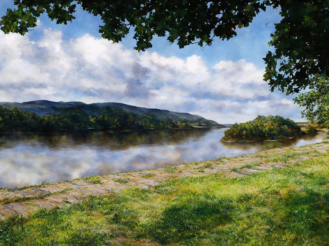 Tranquil riverside scene with cobblestone path and lush greenery