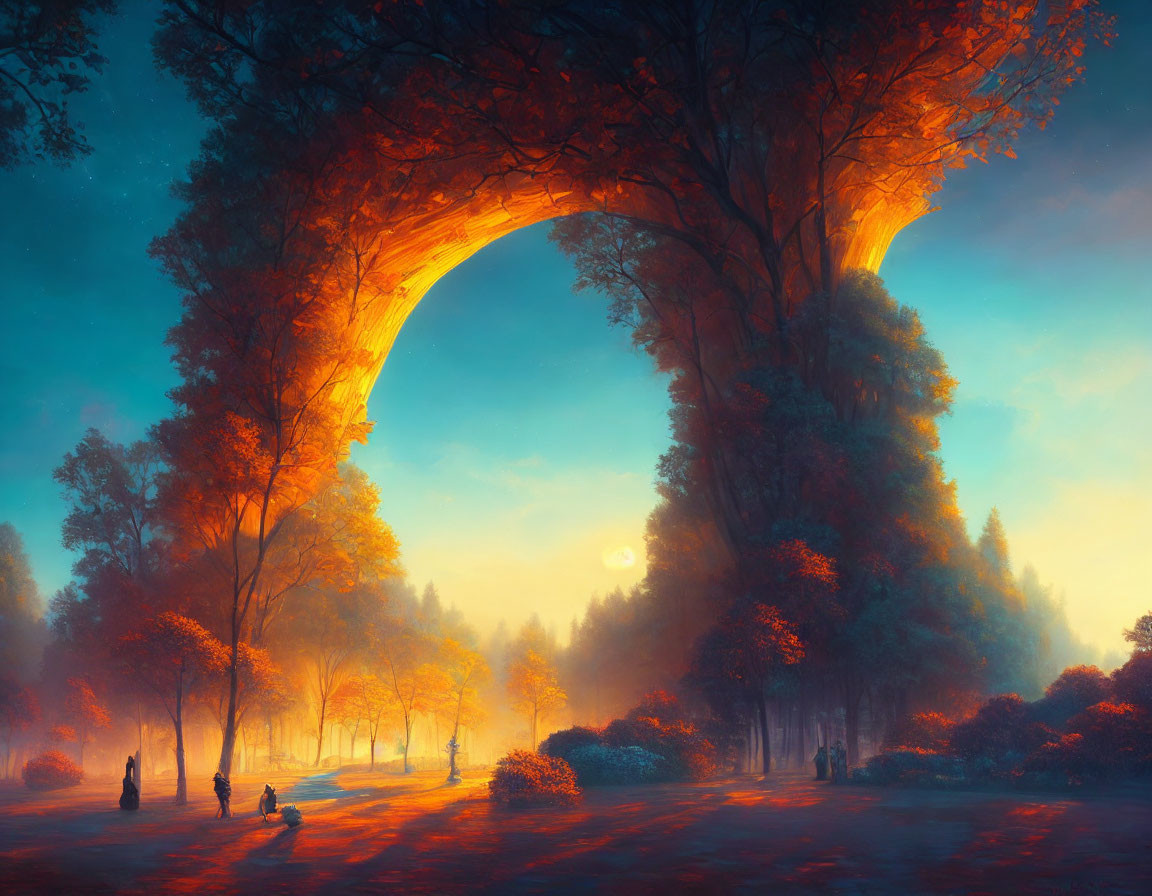 Fantastical landscape with enormous tree archway at sunrise