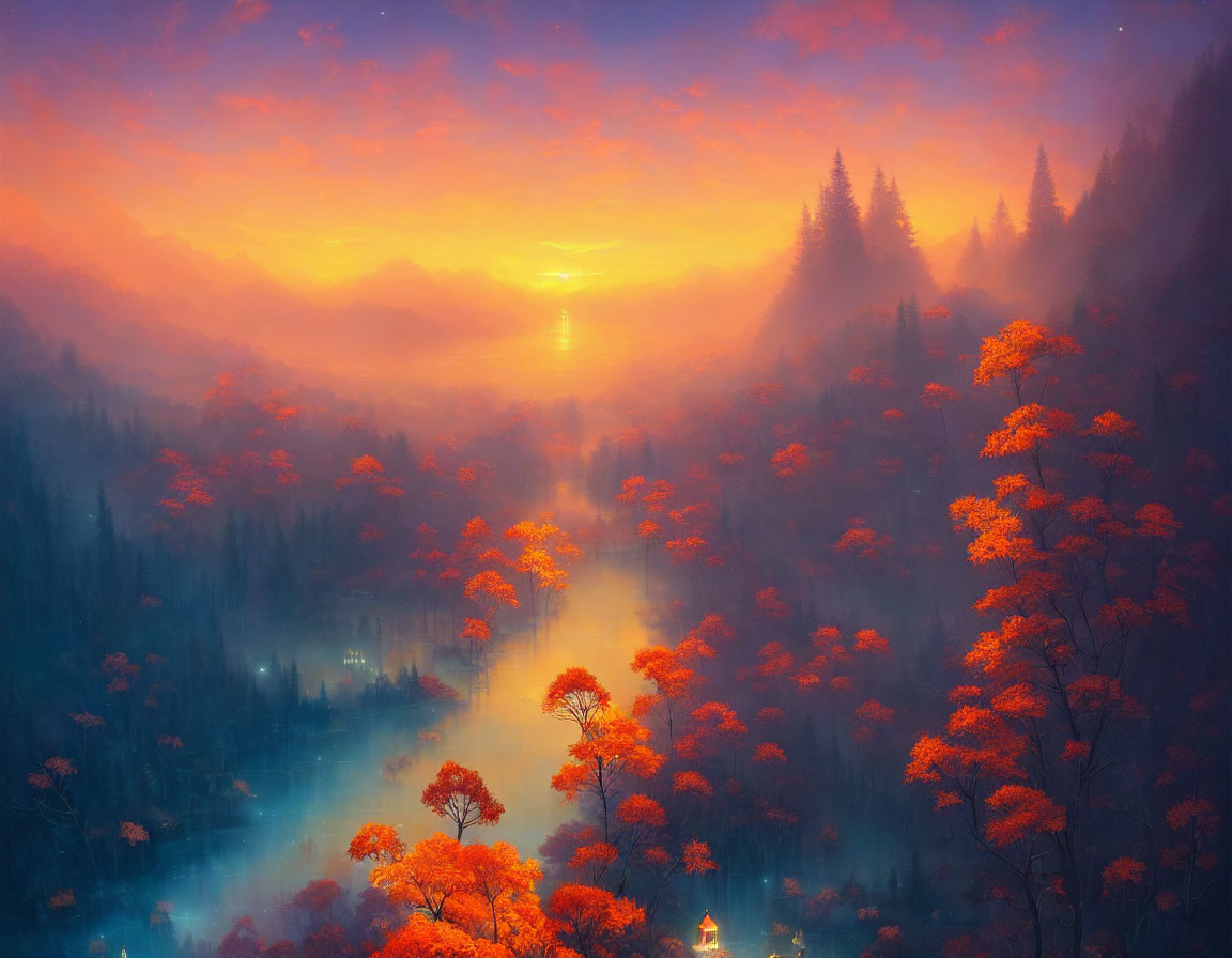 Tranquil sunrise landscape with orange leaves, misty river, and colorful clouds