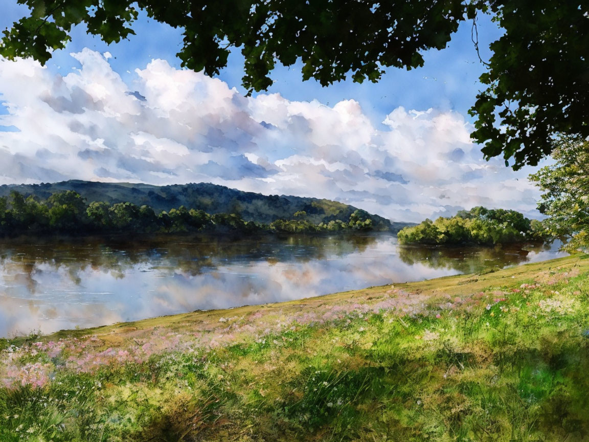 Tranquil watercolor landscape of calm river and lush greenery