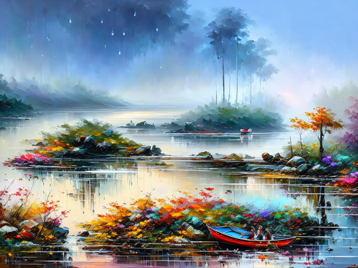 Colorful misty river landscape with boat and fog-covered trees