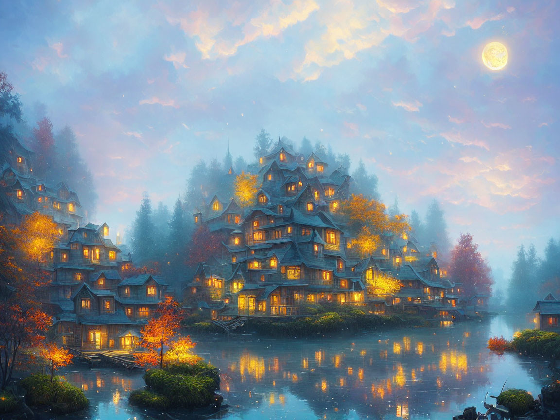 Whimsical village with multi-tiered houses by tranquil lake