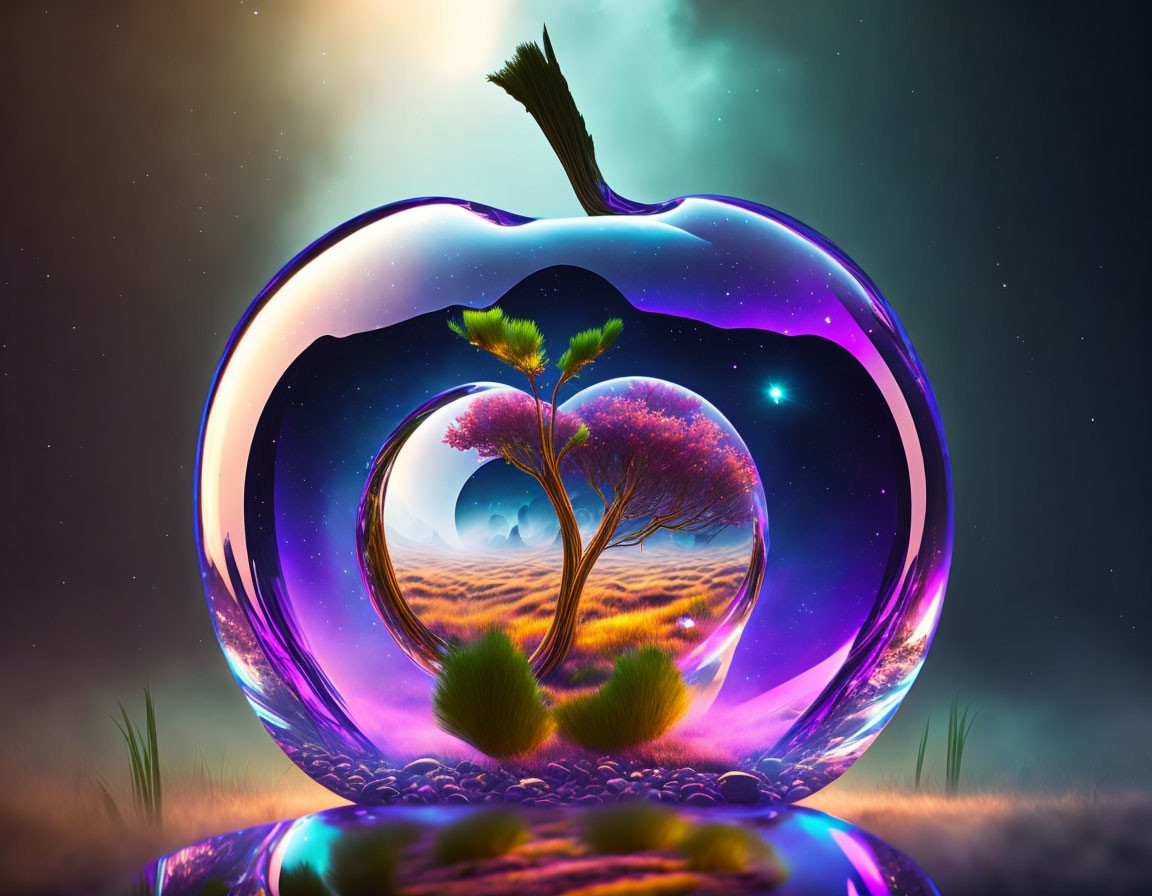 Transparent apple with cosmic scenery and tree on starry twilight background