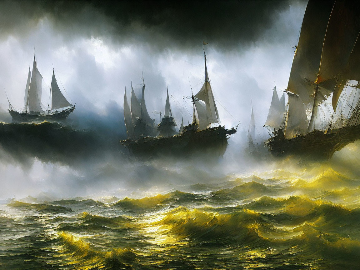 Sailing ships on turbulent golden waves under stormy sky