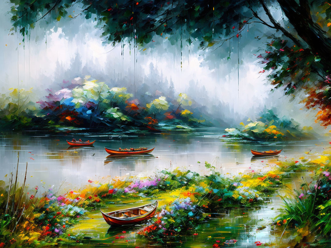 Colorful Impressionist Painting of Tranquil River Scene