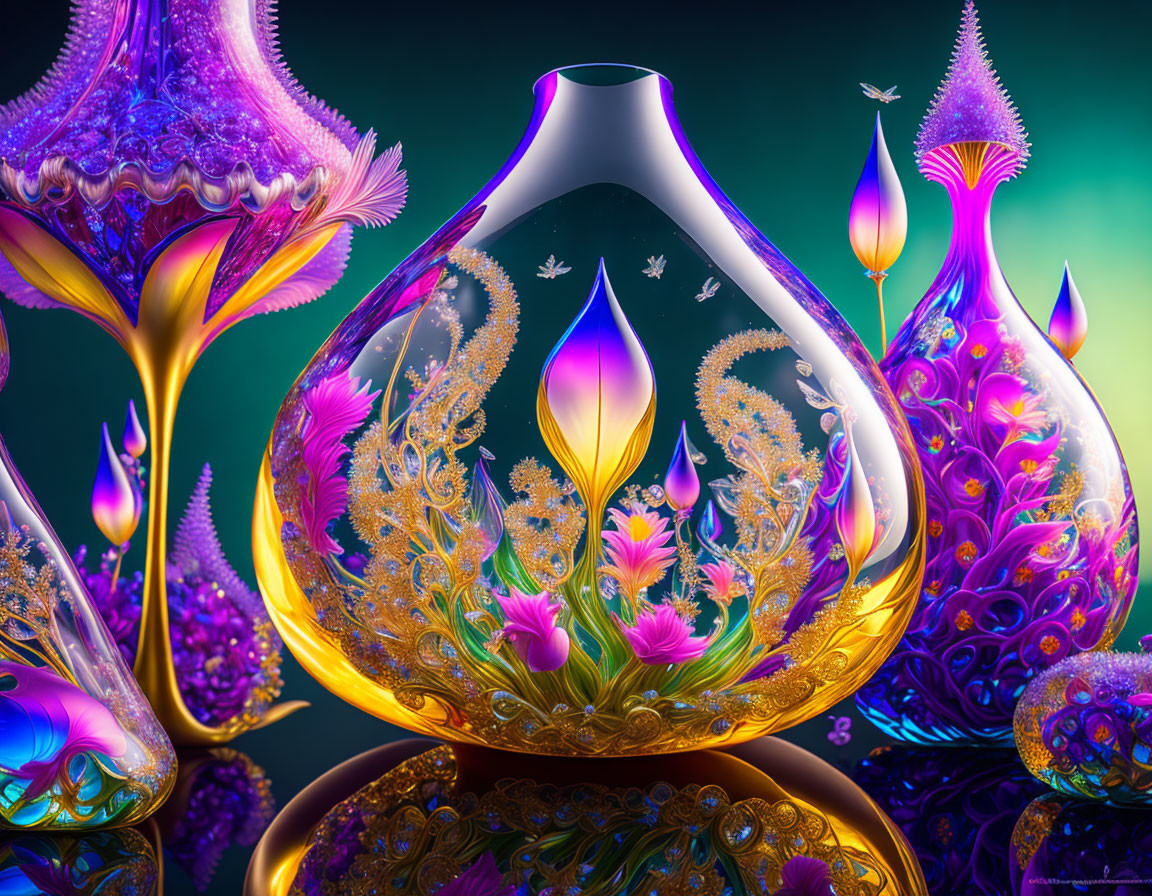 Colorful floral glass vase in surreal fantasy setting.