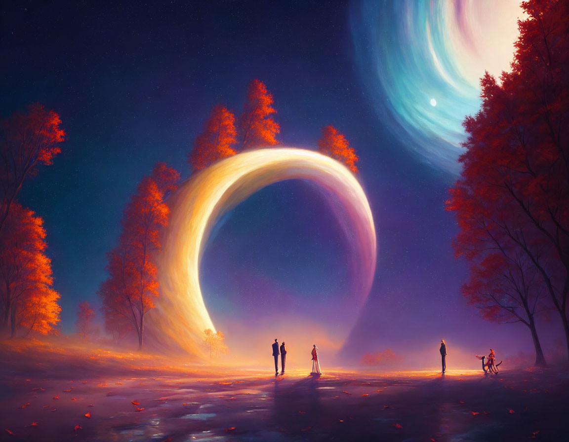 Digital Art: People in surreal scene with celestial rings, autumn trees, luminous night sky