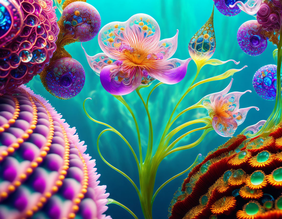 Colorful surreal underwater scene with fractal-like marine flora in intense purples, pinks,