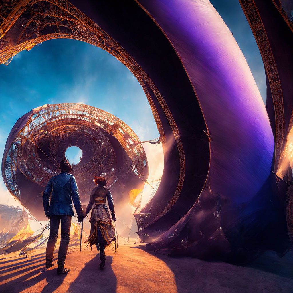 Futuristic ring-like structure with two people under dramatic sky