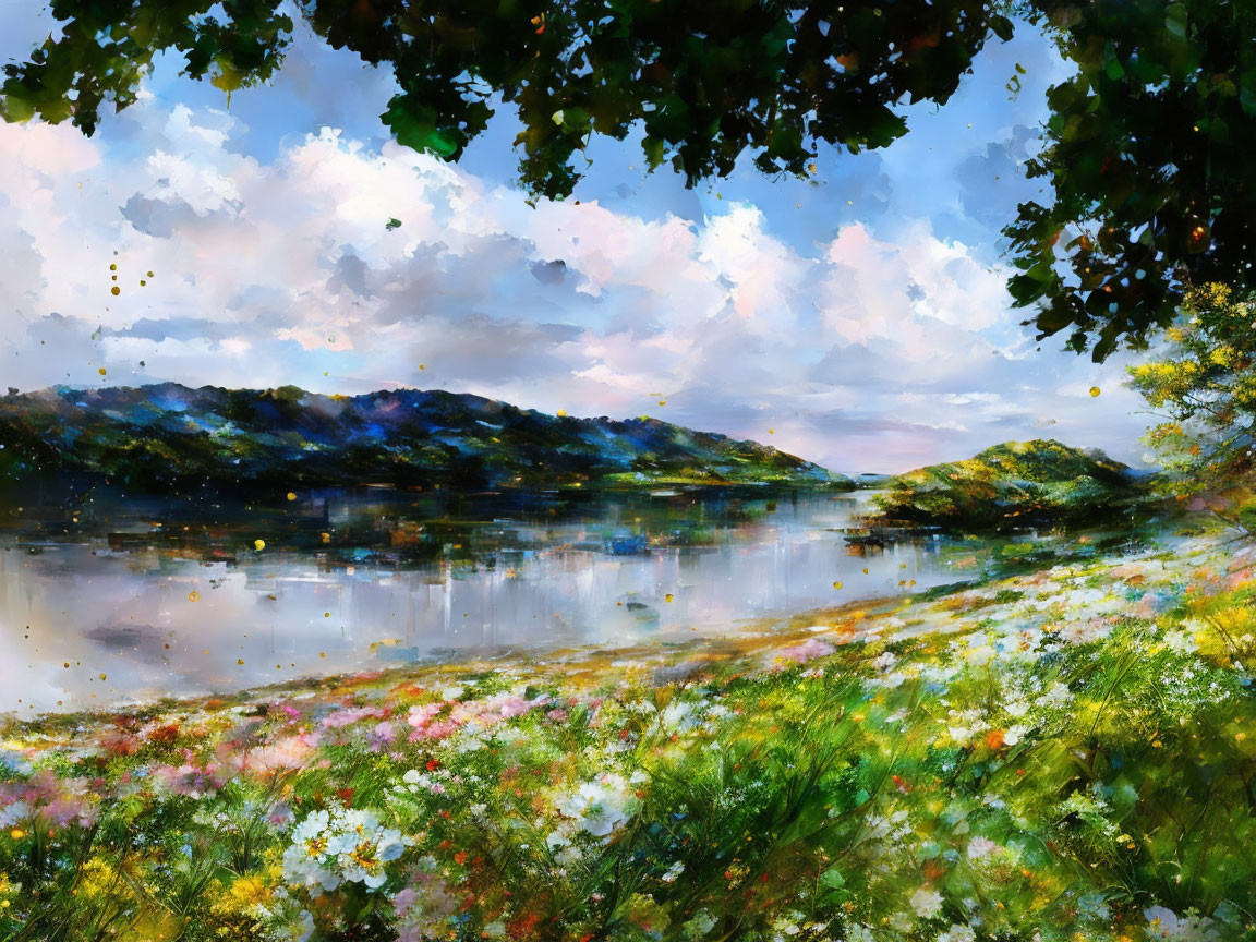 Impressionist-style painting of serene lake with lush greenery