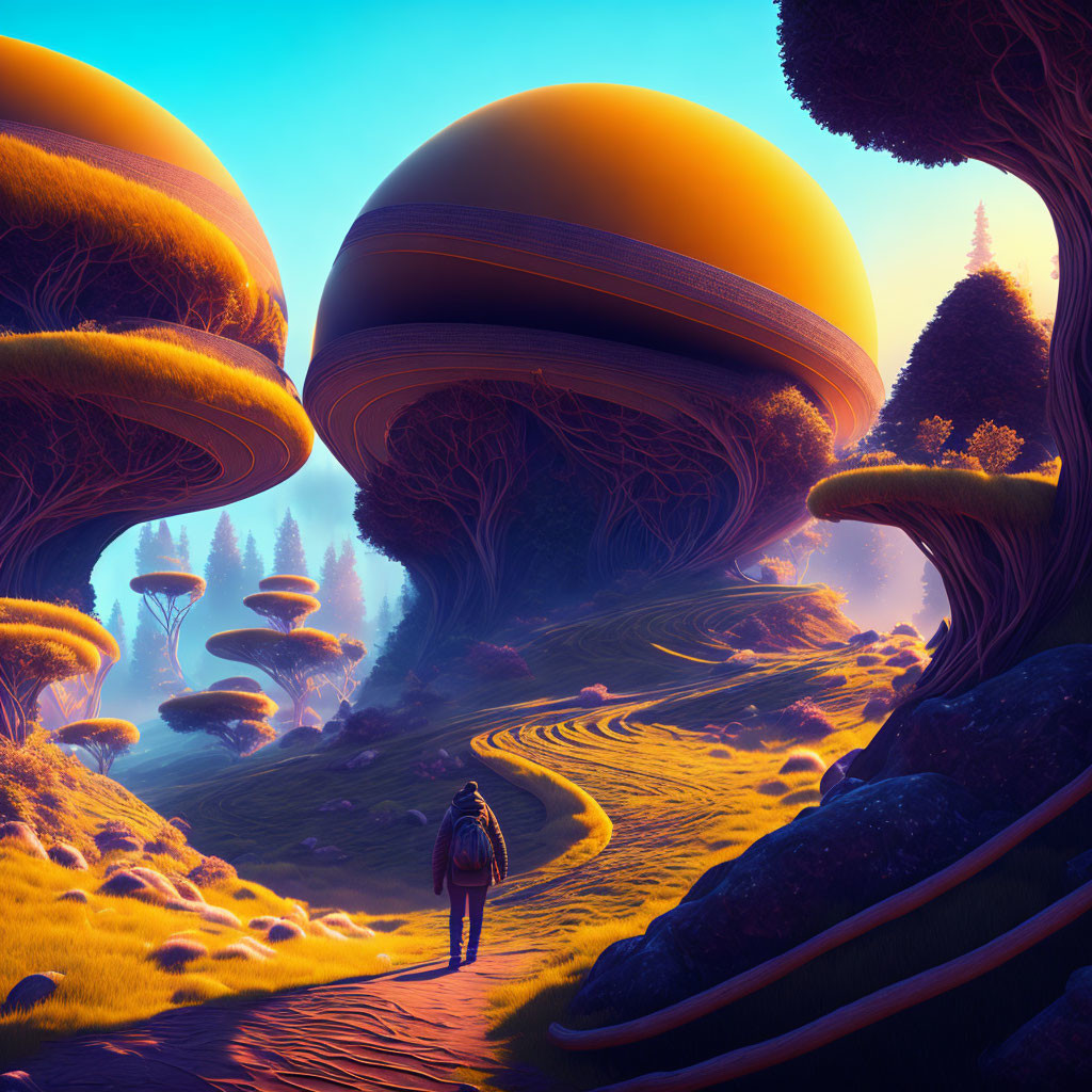 Backpacker walking in surreal landscape with mushroom-like trees