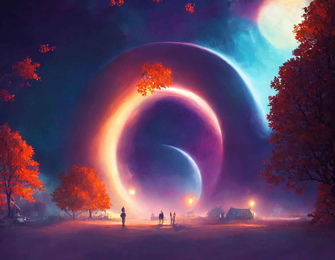 People under giant glowing ring in serene night sky landscape.